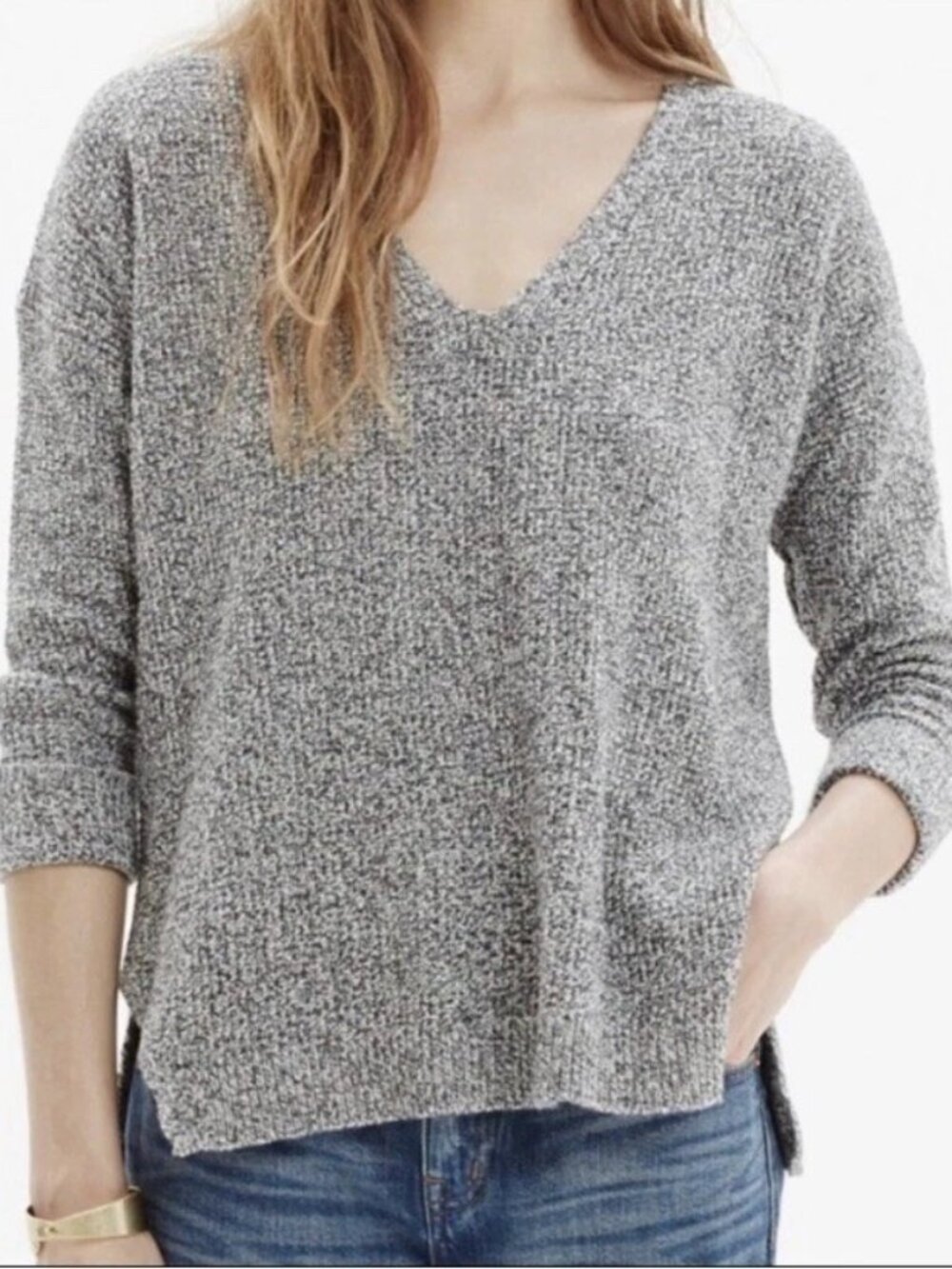 Madewell Marled Gray Knit V Neck Sweater Size S Relaxed Fit Cozy Fall